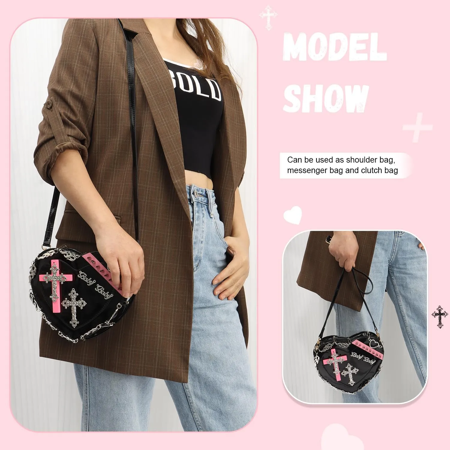 SUKUTU Women Gothic Punk Crossbody Bag Cute Heart Shaped Studded Shoulder Bag Purse