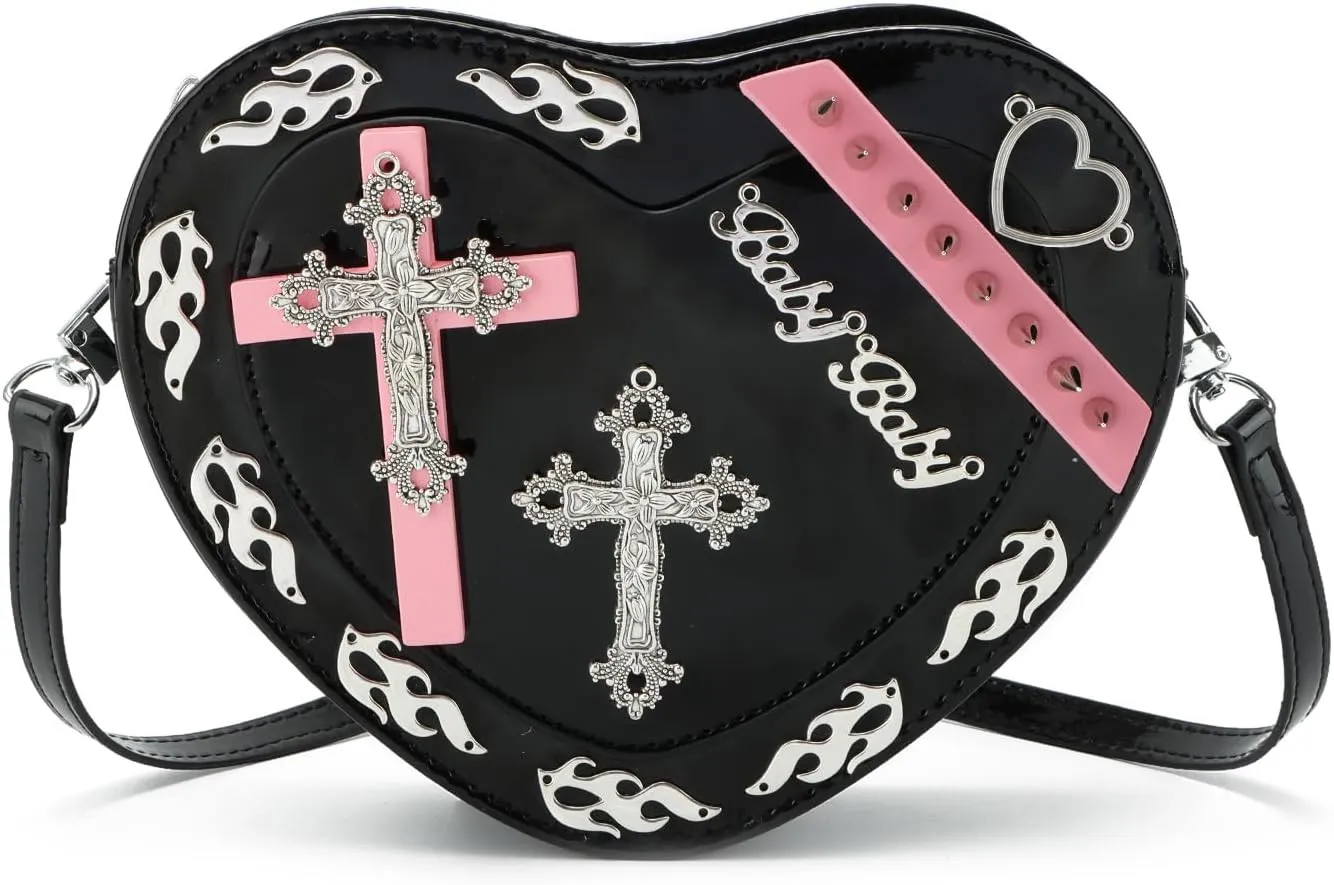 SUKUTU Women Gothic Punk Crossbody Bag Cute Heart Shaped Studded Shoulder Bag Purse