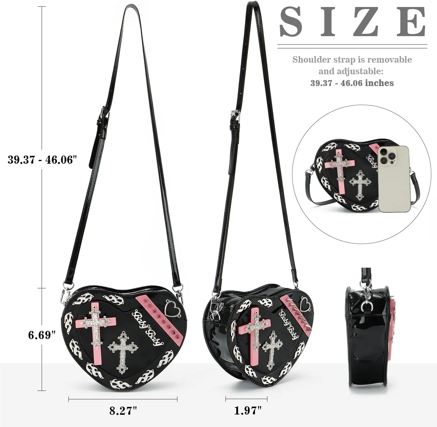 SUKUTU Women Gothic Punk Crossbody Bag Cute Heart Shaped Studded Shoulder Bag Purse