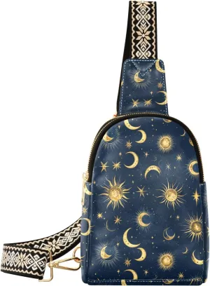 Sun Moon Print Full-Print Leather Fashion Waist Pack Small Crossbody Bag with Card Slots & Adjustable Strap for Biking Shopping Hiking Running & Casual Outings