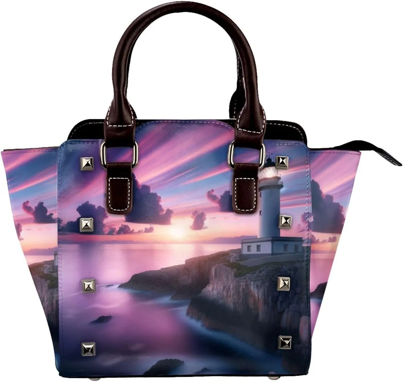 Sunset-Lighthouse-Ocean-Sea Pu Leather Crossbody Studded Bag, Fashionable Shoulder Handbag With Detachable Shoulder Strap