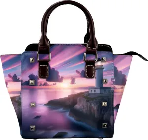 Sunset-Lighthouse-Ocean-Sea Pu Leather Crossbody Studded Bag, Fashionable Shoulder Handbag With Detachable Shoulder Strap