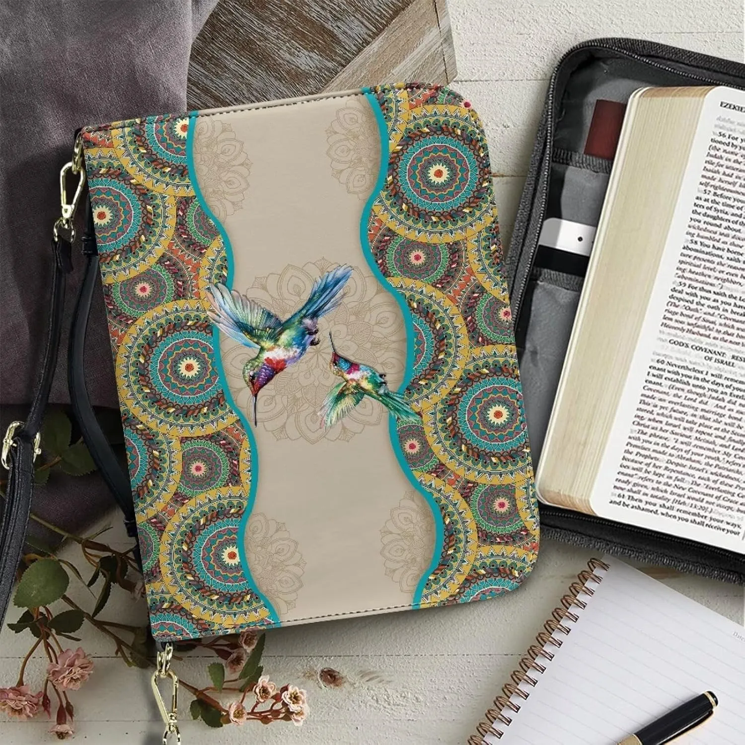 Suobstales Boho Mandala Hummingbird Pattern Bible Cover for Men Women, PU Leather Carrying Book Case Multifunctional Bible Tote Bag Bible Protective with Handle and Detachable Shoulder Strap, 2XL