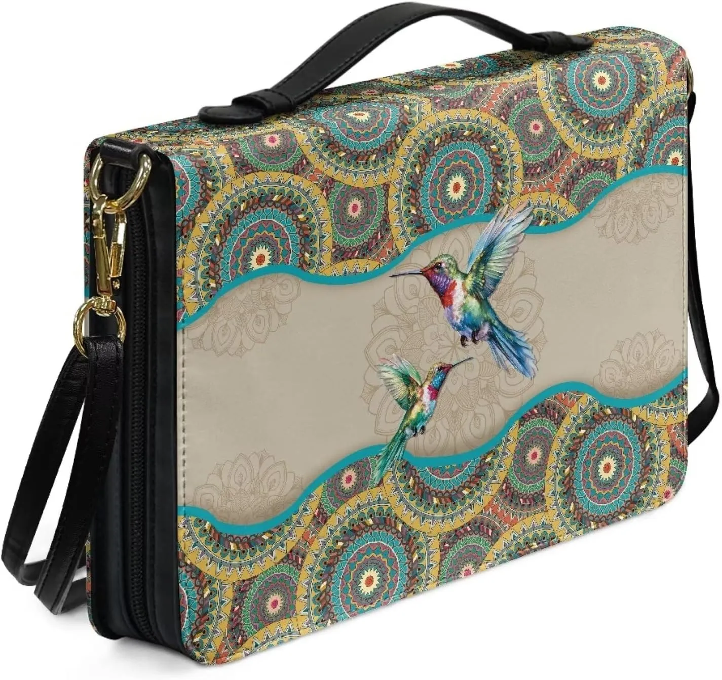 Suobstales Boho Mandala Hummingbird Pattern Bible Cover for Men Women, PU Leather Carrying Book Case Multifunctional Bible Tote Bag Bible Protective with Handle and Detachable Shoulder Strap, 2XL