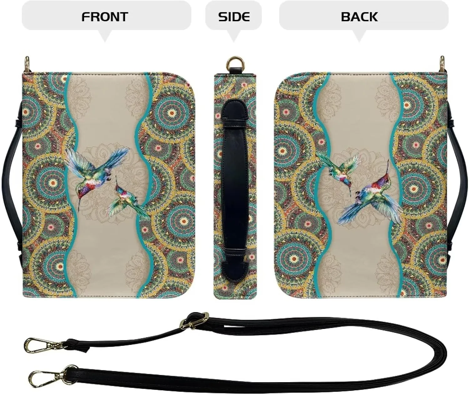 Suobstales Boho Mandala Hummingbird Pattern Bible Cover for Men Women, PU Leather Carrying Book Case Multifunctional Bible Tote Bag Bible Protective with Handle and Detachable Shoulder Strap, 2XL