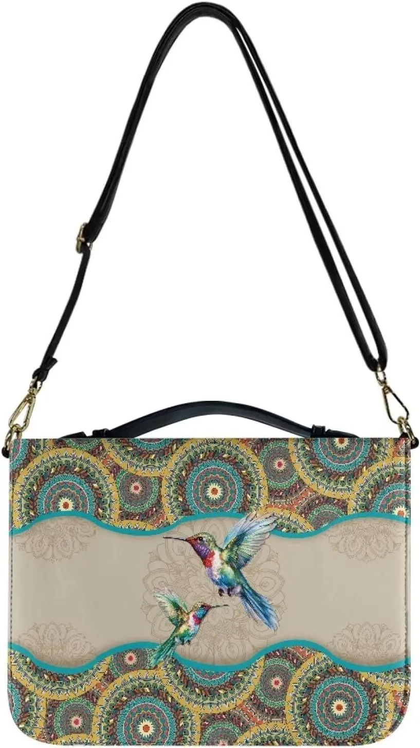 Suobstales Boho Mandala Hummingbird Pattern Bible Cover for Men Women, PU Leather Carrying Book Case Multifunctional Bible Tote Bag Bible Protective with Handle and Detachable Shoulder Strap, 2XL