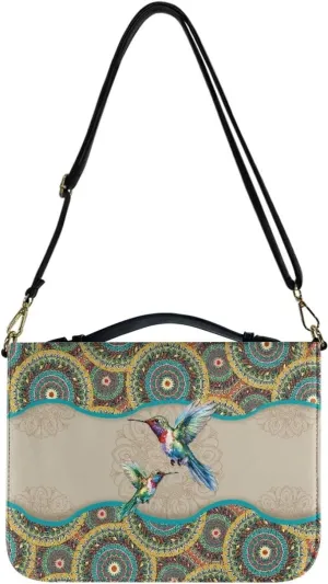 Suobstales Boho Mandala Hummingbird Pattern Bible Cover for Men Women, PU Leather Carrying Book Case Multifunctional Bible Tote Bag Bible Protective with Handle and Detachable Shoulder Strap, 2XL