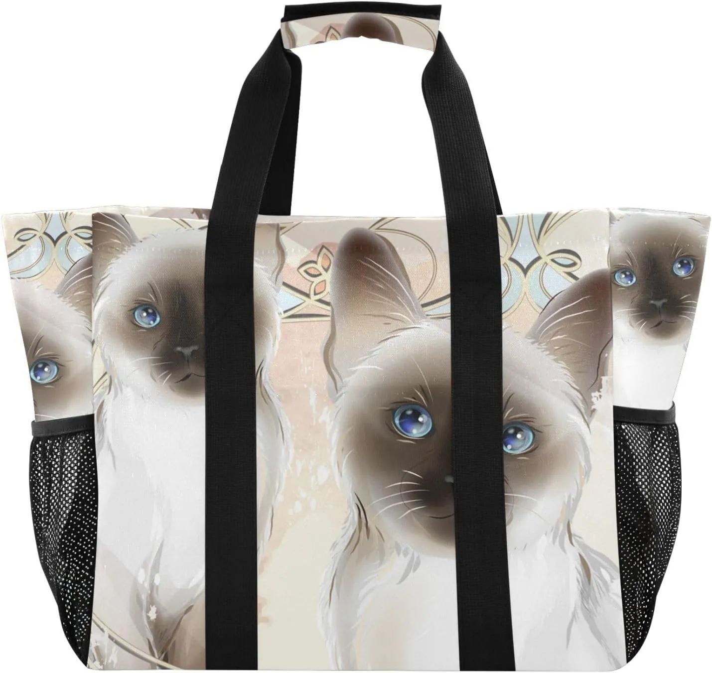 susiyo Two Cute Kittens Thai Siamese Cats Large Grocery Tote Bag Reusable Collapsible Beach Bag Travel Bag for Picnic Trip Pool
