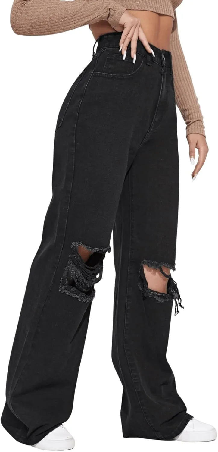 SweatyRocks Women's Casual Loose Ripped Denim Pants Distressed Wide Leg Jeans
