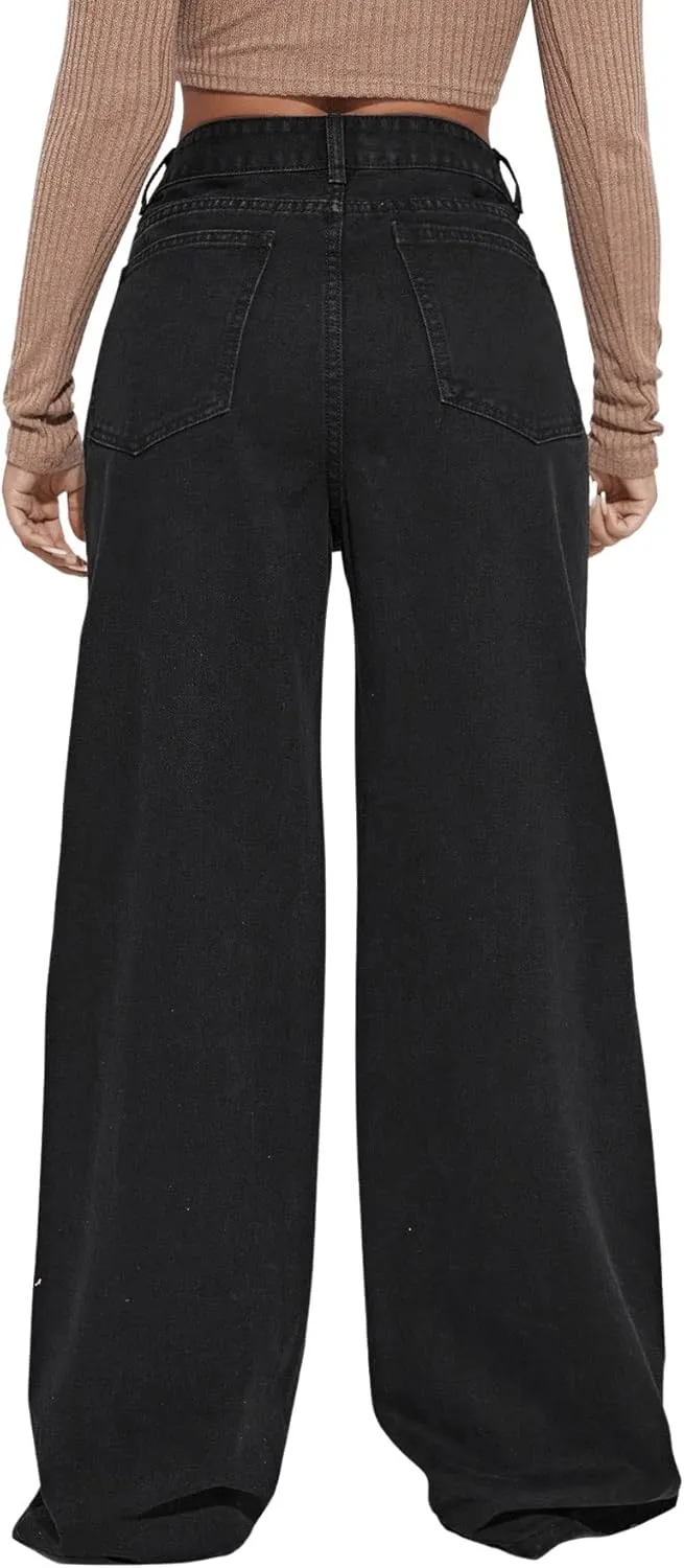 SweatyRocks Women's Casual Loose Ripped Denim Pants Distressed Wide Leg Jeans