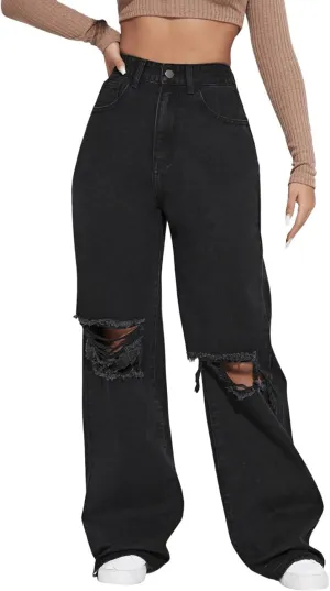 SweatyRocks Women's Casual Loose Ripped Denim Pants Distressed Wide Leg Jeans