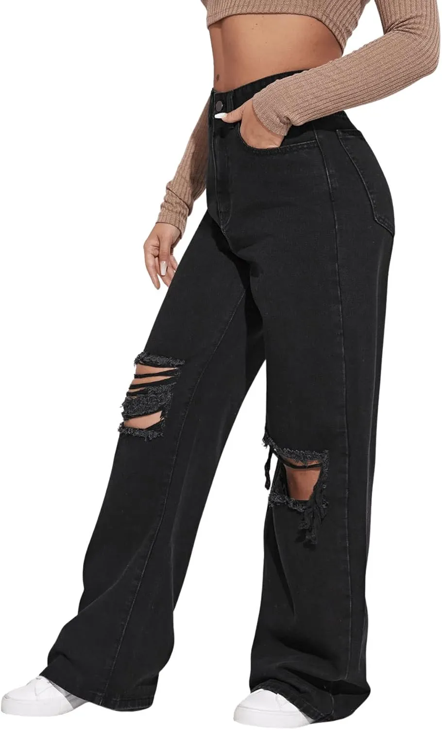 SweatyRocks Women's Casual Loose Ripped Denim Pants Distressed Wide Leg Jeans