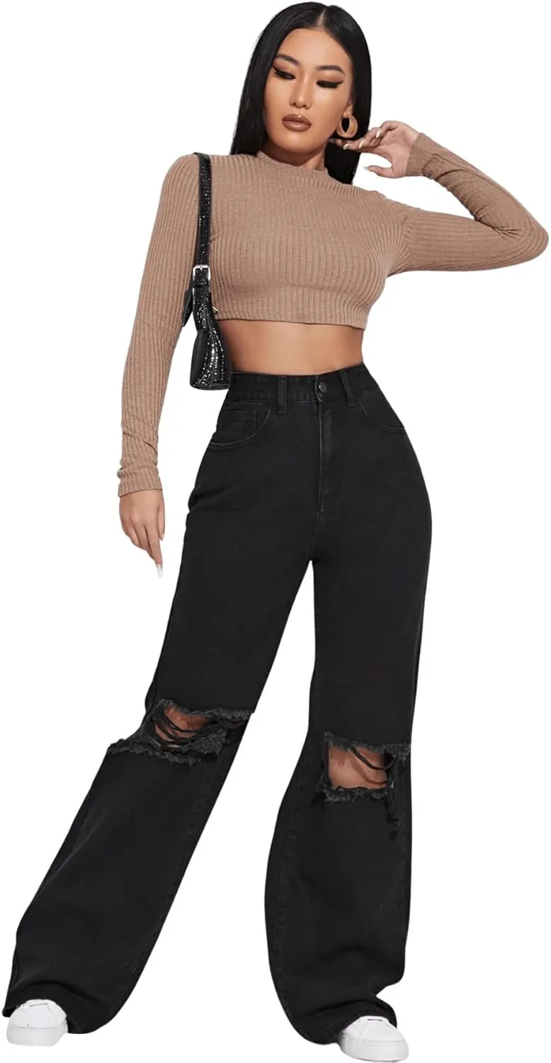 SweatyRocks Women's Casual Loose Ripped Denim Pants Distressed Wide Leg Jeans