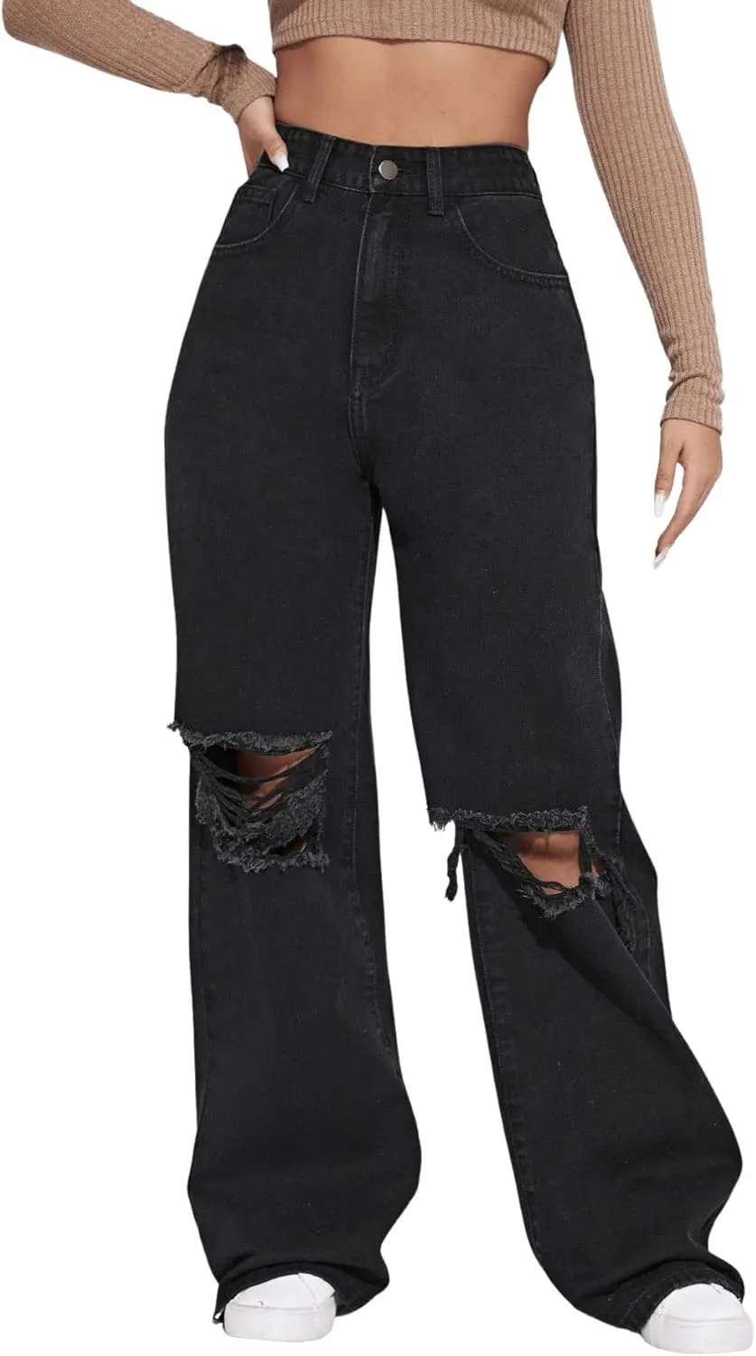 SweatyRocks Women's Casual Loose Ripped Denim Pants Distressed Wide Leg Jeans