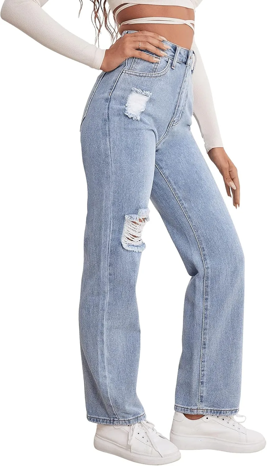 SweatyRocks Women's High Waist Straight Leg Jeans Ripped Distressed Denim Pants
