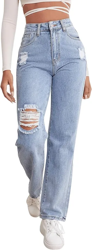 SweatyRocks Women's High Waist Straight Leg Jeans Ripped Distressed Denim Pants