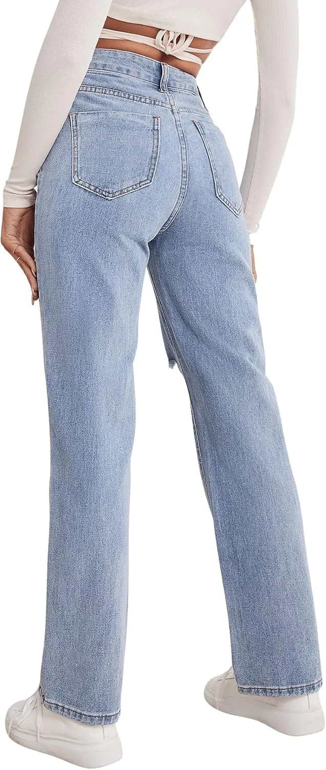 SweatyRocks Women's High Waist Straight Leg Jeans Ripped Distressed Denim Pants
