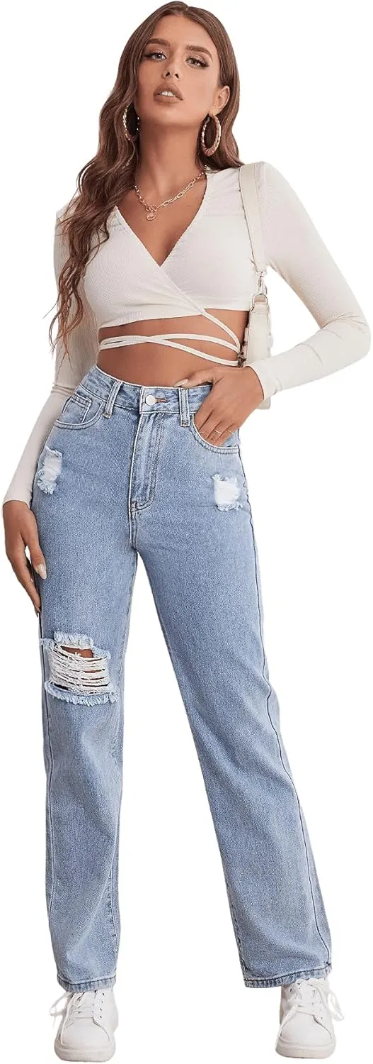 SweatyRocks Women's High Waist Straight Leg Jeans Ripped Distressed Denim Pants