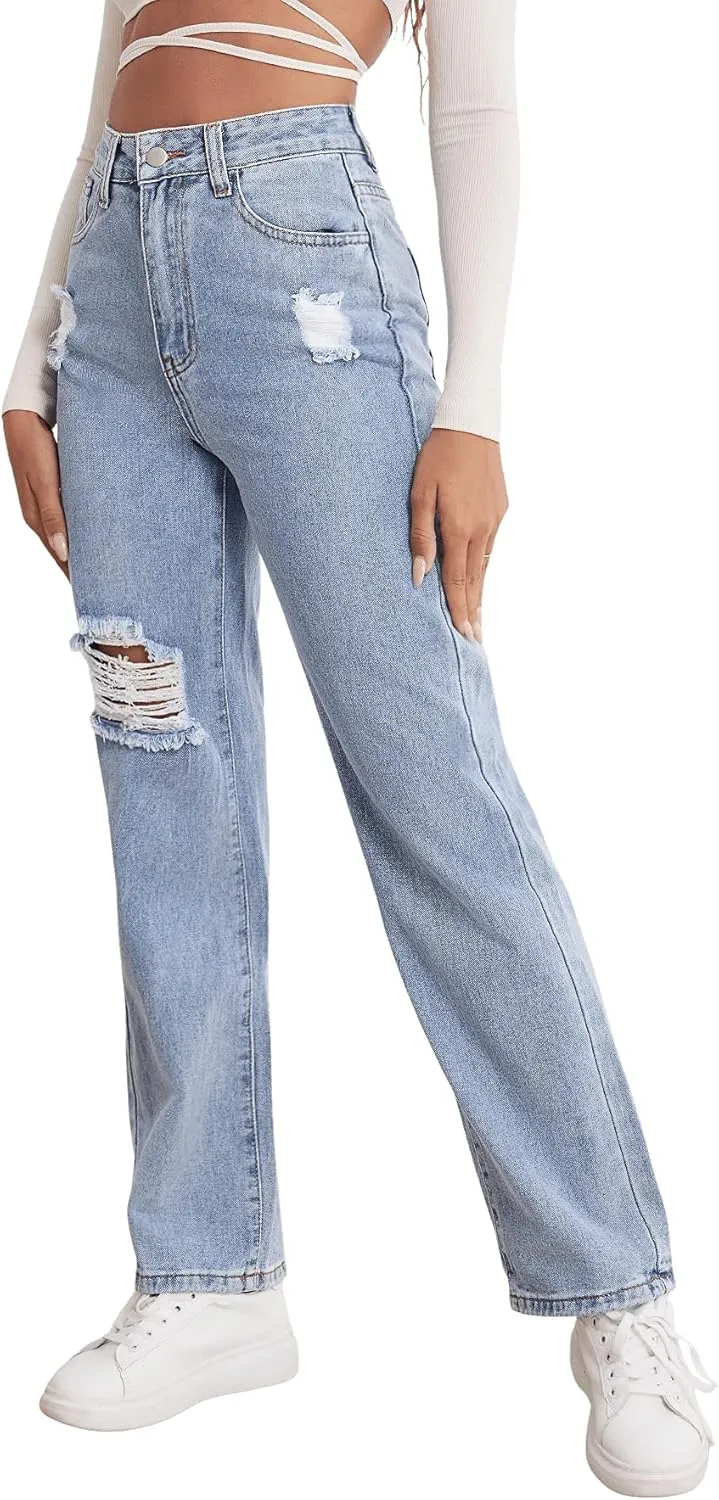 SweatyRocks Women's High Waist Straight Leg Jeans Ripped Distressed Denim Pants