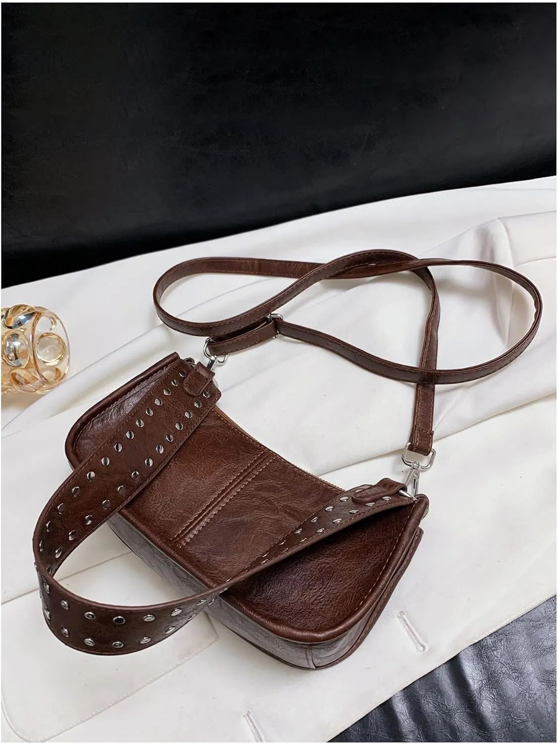 SweatyRocks Women's PU Leather Studded Zipper Shoulder Bag Top Handle Casual Crossbody Bag