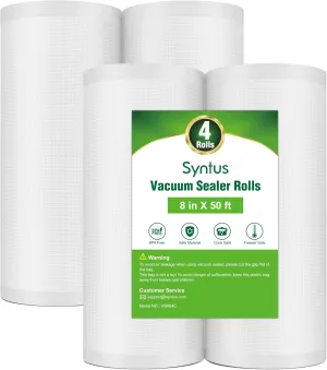 Syntus Vacuum Sealer Bags for Food, 4 Rolls 8" x 50' Commercial Grade Bag Rolls, BPA Free Food Vac Bags for Storage, Meal Prep or Sous Vide
