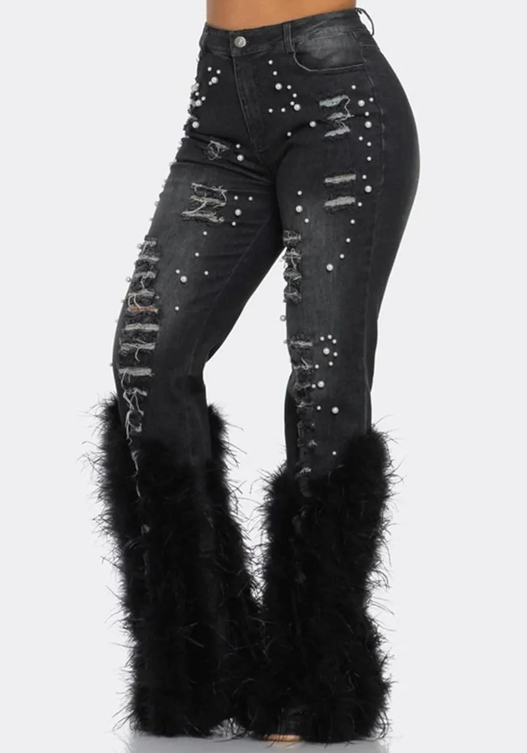 Tbahhir Women's Skinny Ripped Jeans Pearl Distressed Stretchy High Waisted Tassels Slim Fit Denim Pants Y2K Streetwear