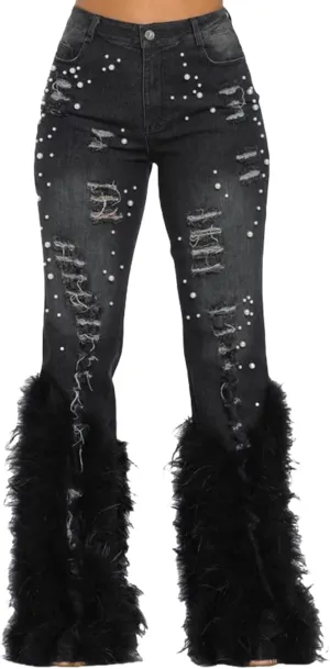 Tbahhir Women's Skinny Ripped Jeans Pearl Distressed Stretchy High Waisted Tassels Slim Fit Denim Pants Y2K Streetwear