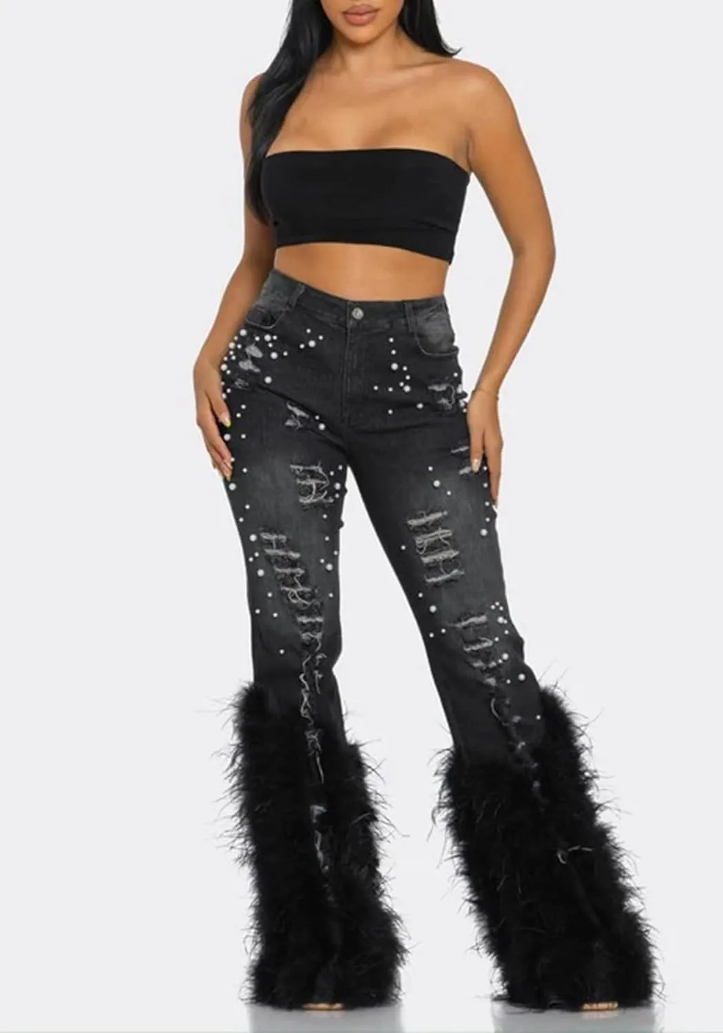 Tbahhir Women's Skinny Ripped Jeans Pearl Distressed Stretchy High Waisted Tassels Slim Fit Denim Pants Y2K Streetwear