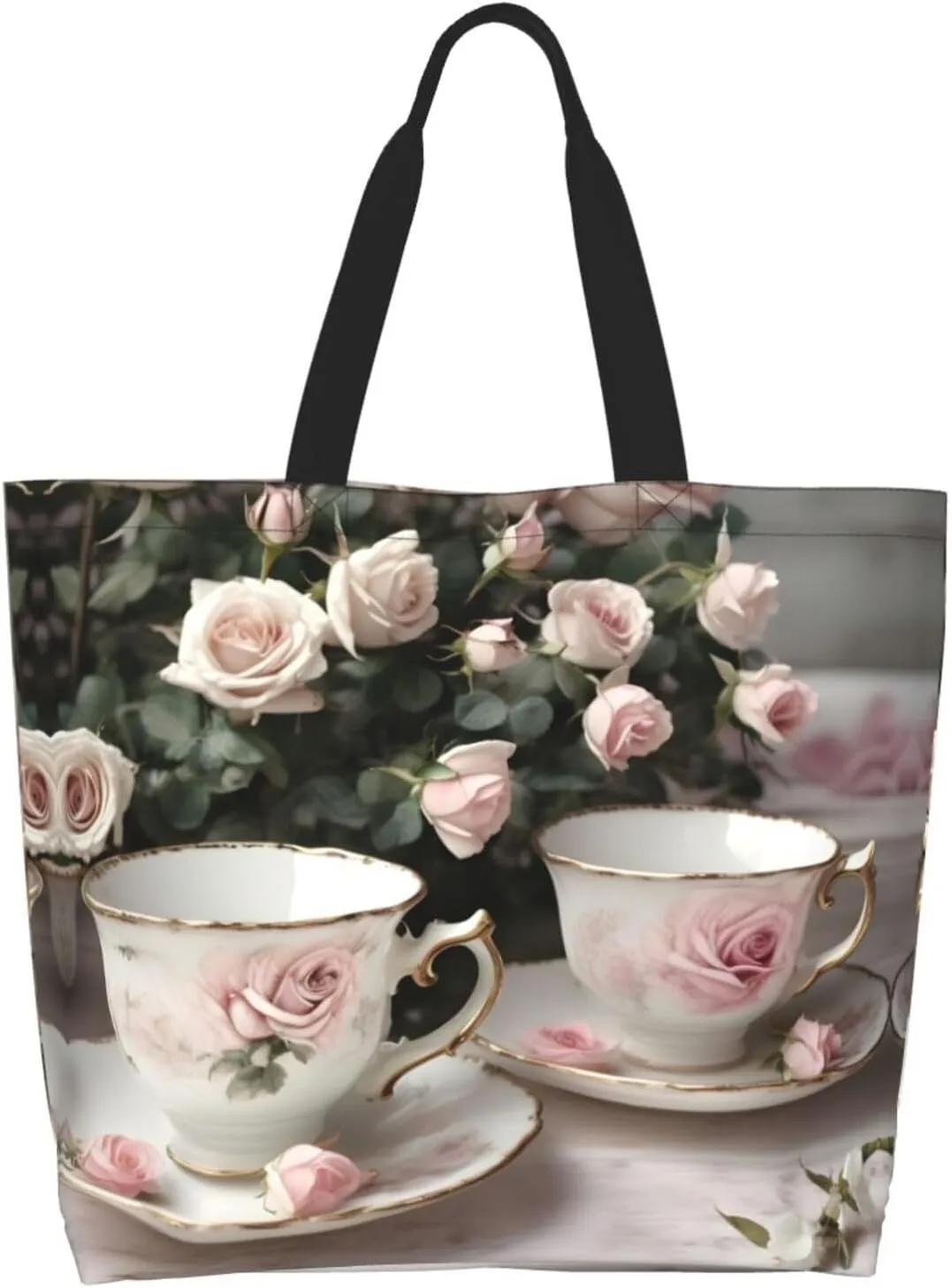 Tea Cups With Roses Romantic Shabby Women Tote Bag,Casual Tote'S Handbag Big Capacity Shoulder Bag Crossbody Bag