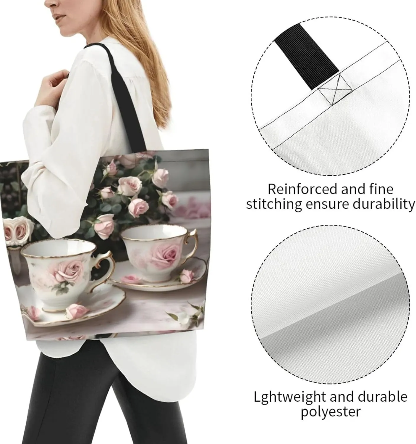 Tea Cups With Roses Romantic Shabby Women Tote Bag,Casual Tote'S Handbag Big Capacity Shoulder Bag Crossbody Bag