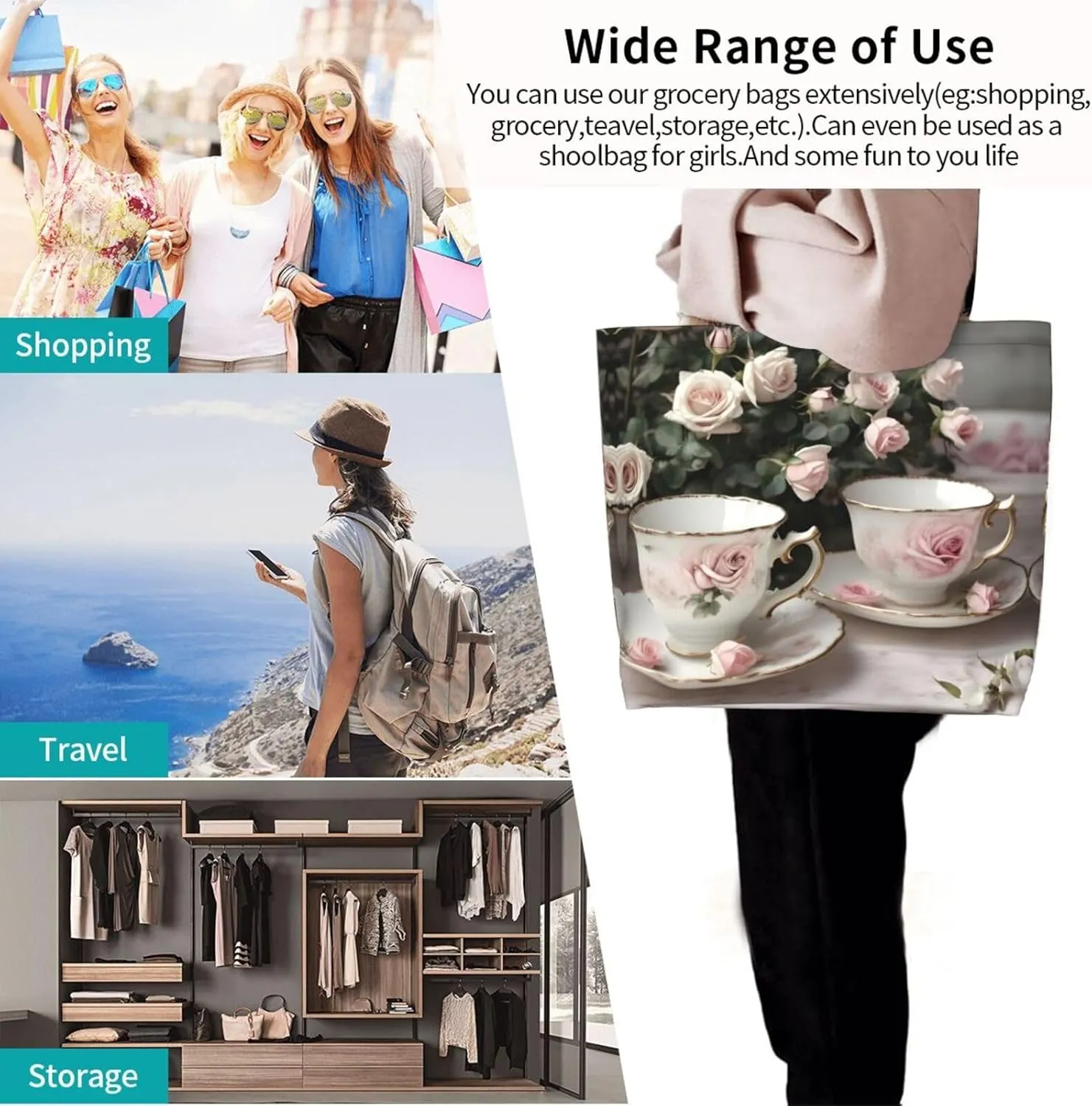 Tea Cups With Roses Romantic Shabby Women Tote Bag,Casual Tote'S Handbag Big Capacity Shoulder Bag Crossbody Bag