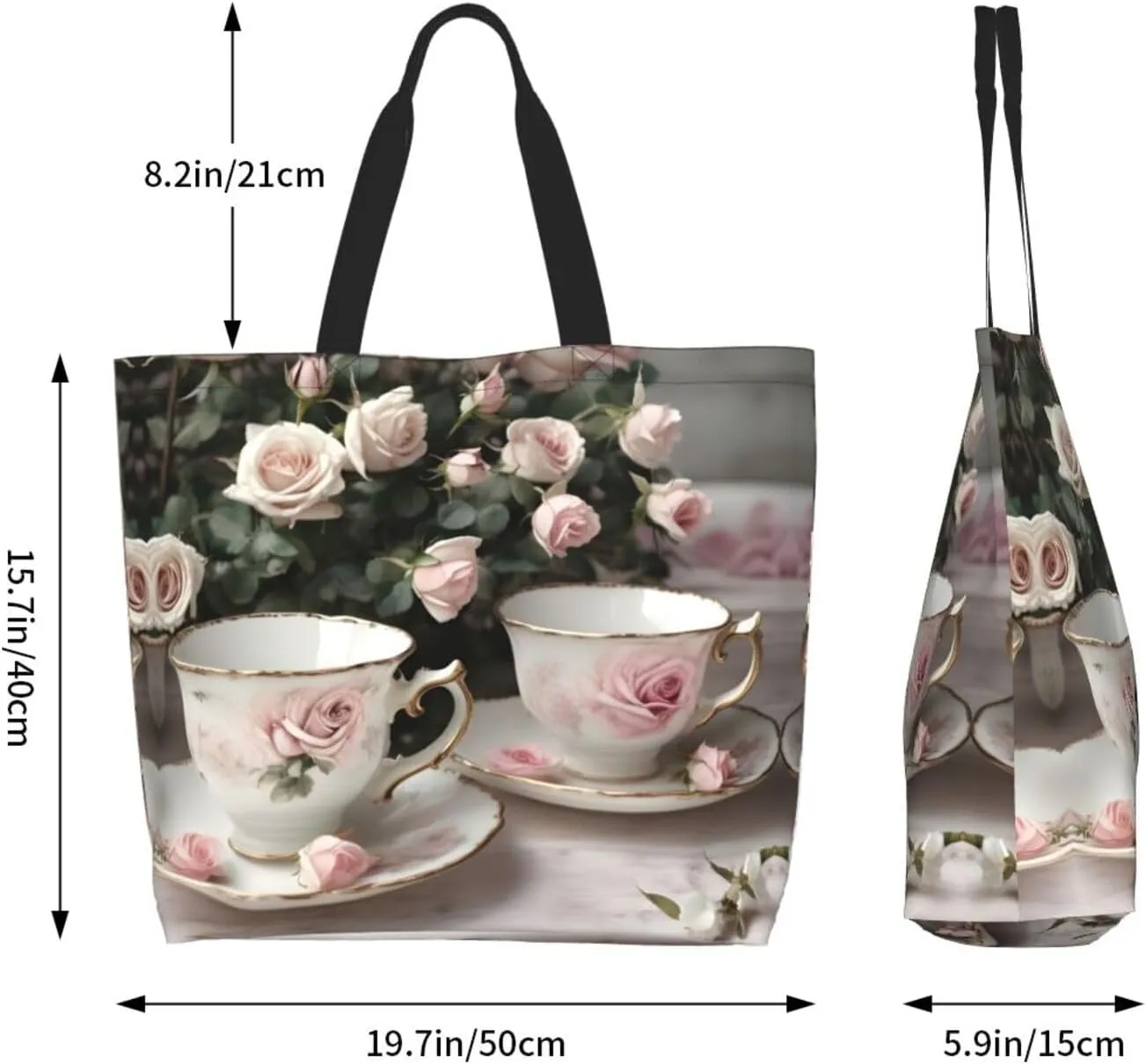 Tea Cups With Roses Romantic Shabby Women Tote Bag,Casual Tote'S Handbag Big Capacity Shoulder Bag Crossbody Bag