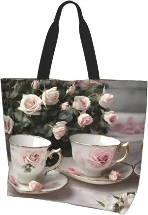 Tea Cups With Roses Romantic Shabby Women Tote Bag,Casual Tote'S Handbag Big Capacity Shoulder Bag Crossbody Bag