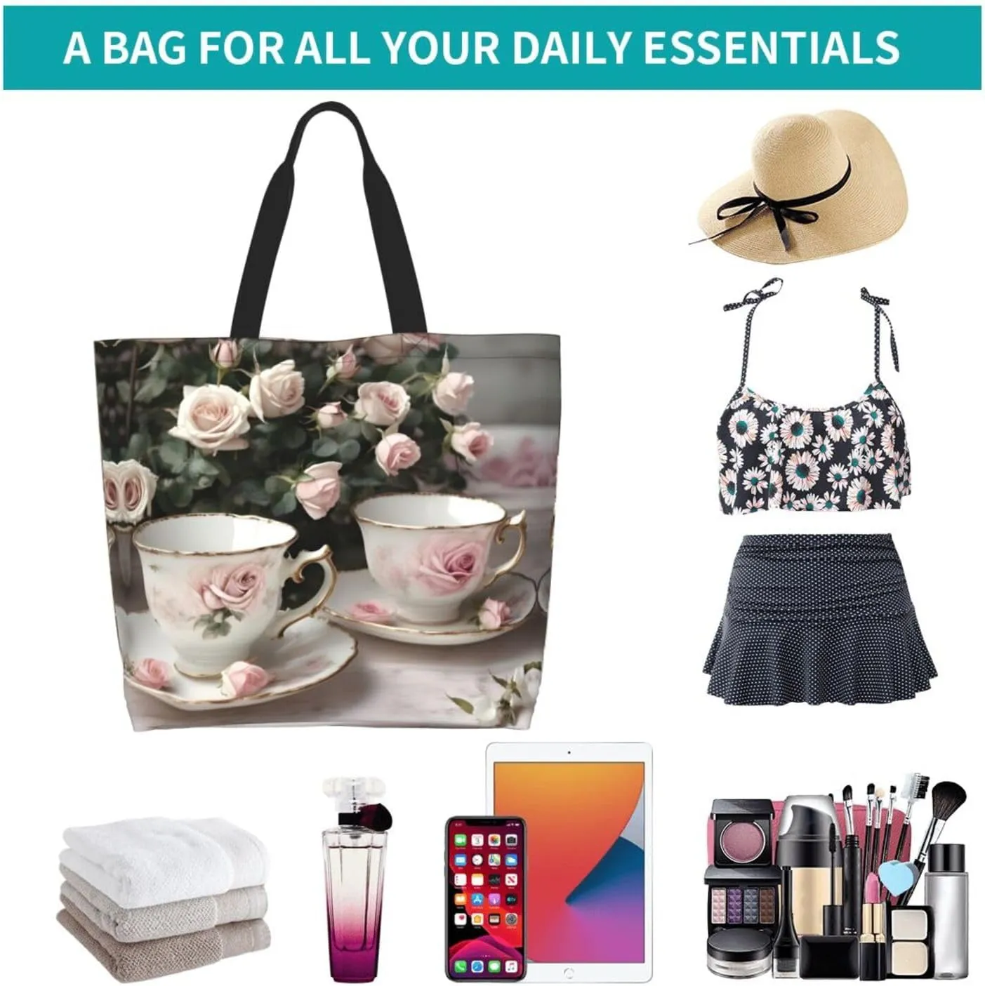 Tea Cups With Roses Romantic Shabby Women Tote Bag,Casual Tote'S Handbag Big Capacity Shoulder Bag Crossbody Bag