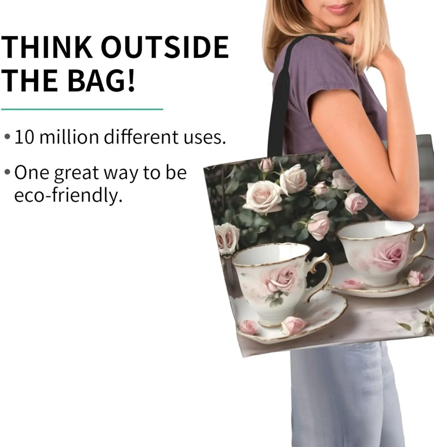 Tea Cups With Roses Romantic Shabby Women Tote Bag,Casual Tote'S Handbag Big Capacity Shoulder Bag Crossbody Bag