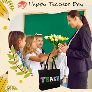 Teacher Appreciation Gifts Women Tote Bag Funny Thank You Gag Gifts Colorful Teach Letters with Interior Pocket
