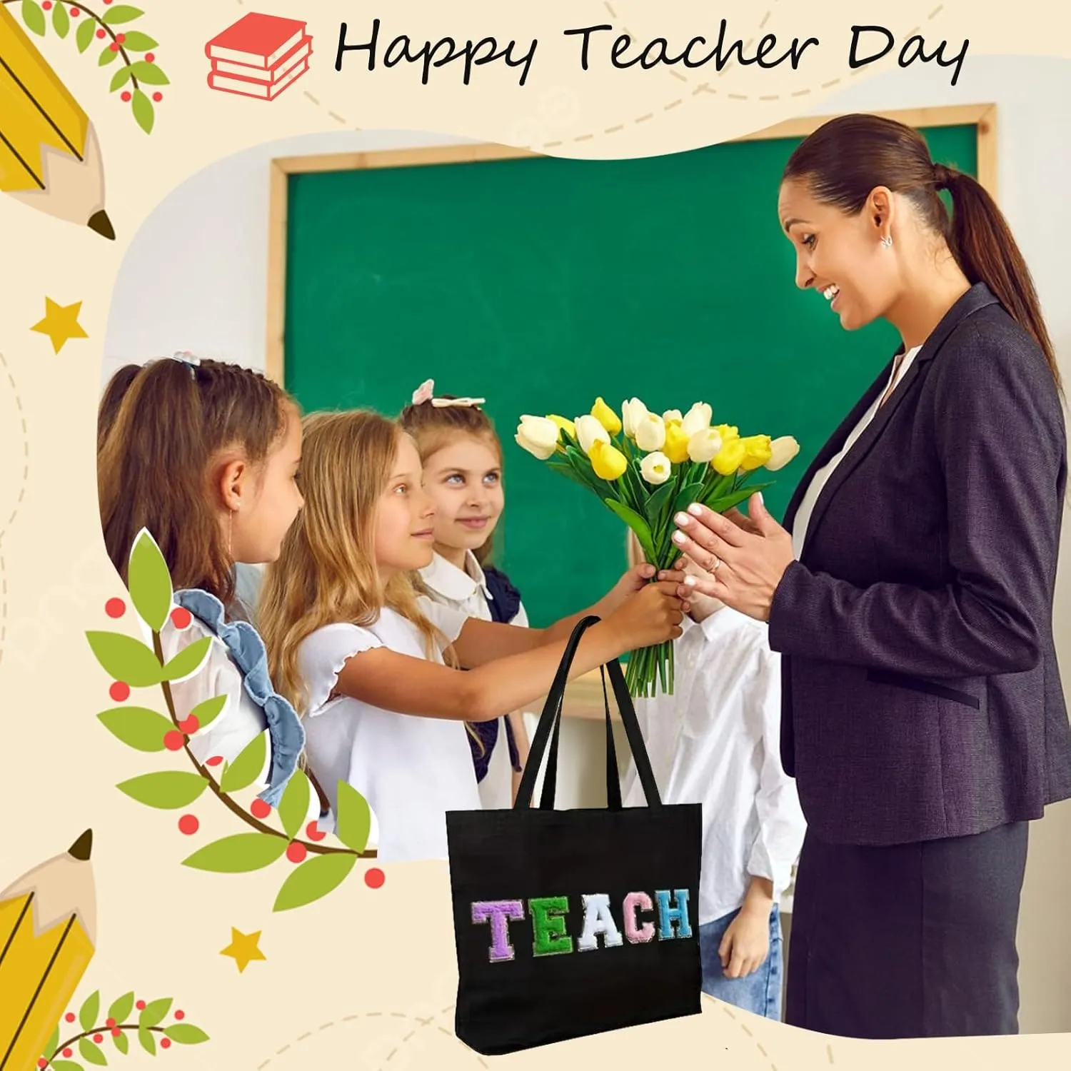 Teacher Appreciation Gifts Women Tote Bag Funny Thank You Gag Gifts Colorful Teach Letters with Interior Pocket