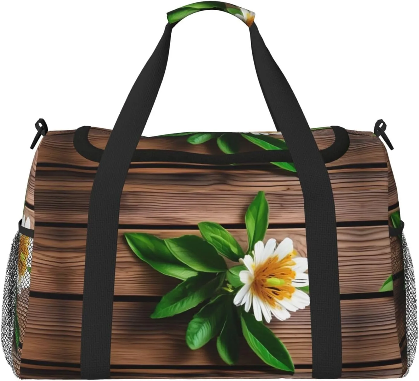 Teal Flower on Plank Travel Tote Bag – Large Reusable Shopping Bag, Vacation Tote, Sports Duffel Bag with Adjustable Crossbody Strap