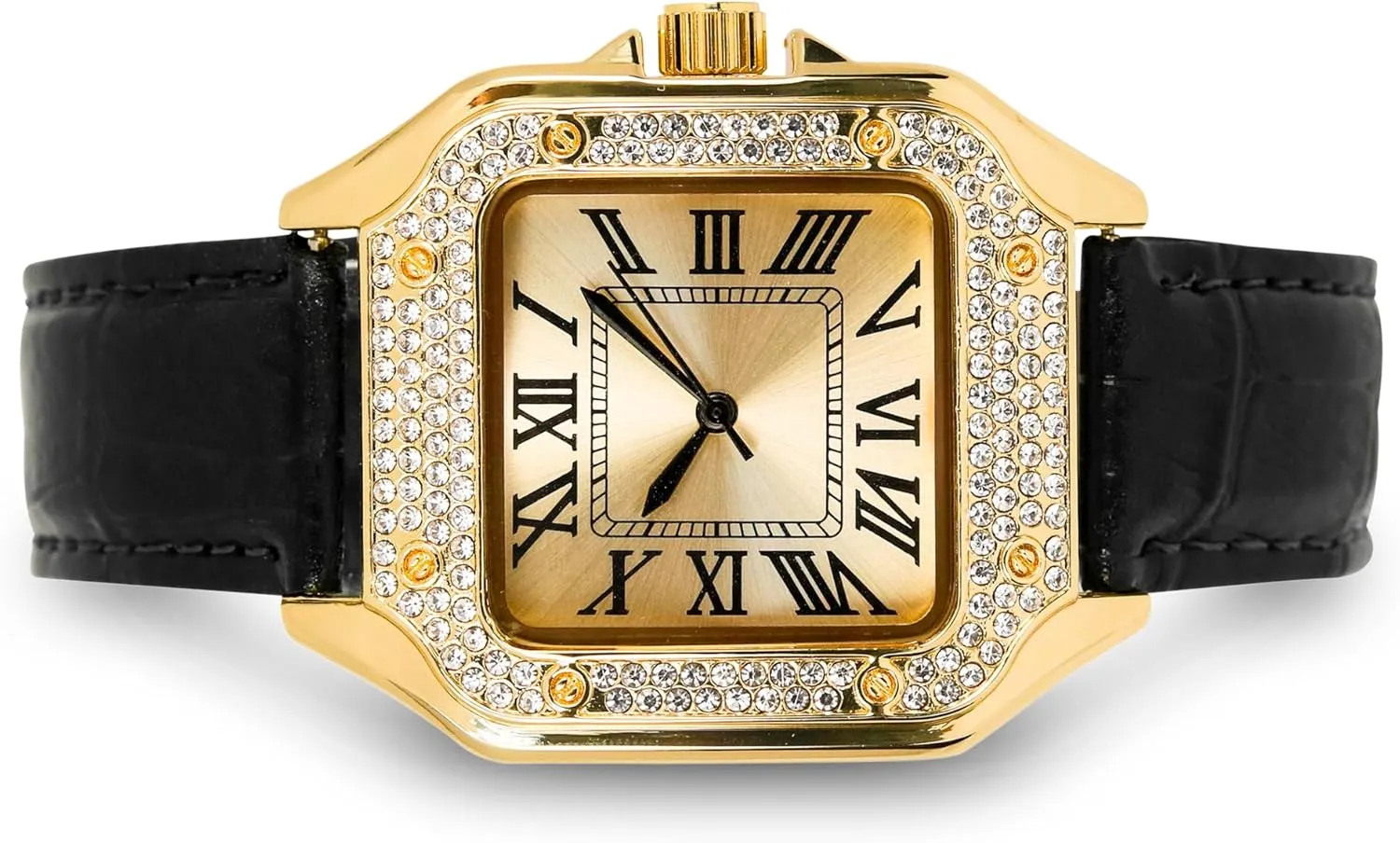 Techno Pave Men's 32mm Iced Out Leather Band Watch – Square Shape, Sleek Roman Dial, Luxury Hip-Hop Style