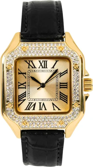 Techno Pave Men's 32mm Iced Out Leather Band Watch – Square Shape, Sleek Roman Dial, Luxury Hip-Hop Style