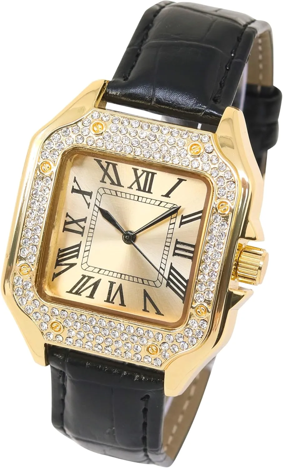 Techno Pave Men's 32mm Iced Out Leather Band Watch – Square Shape, Sleek Roman Dial, Luxury Hip-Hop Style