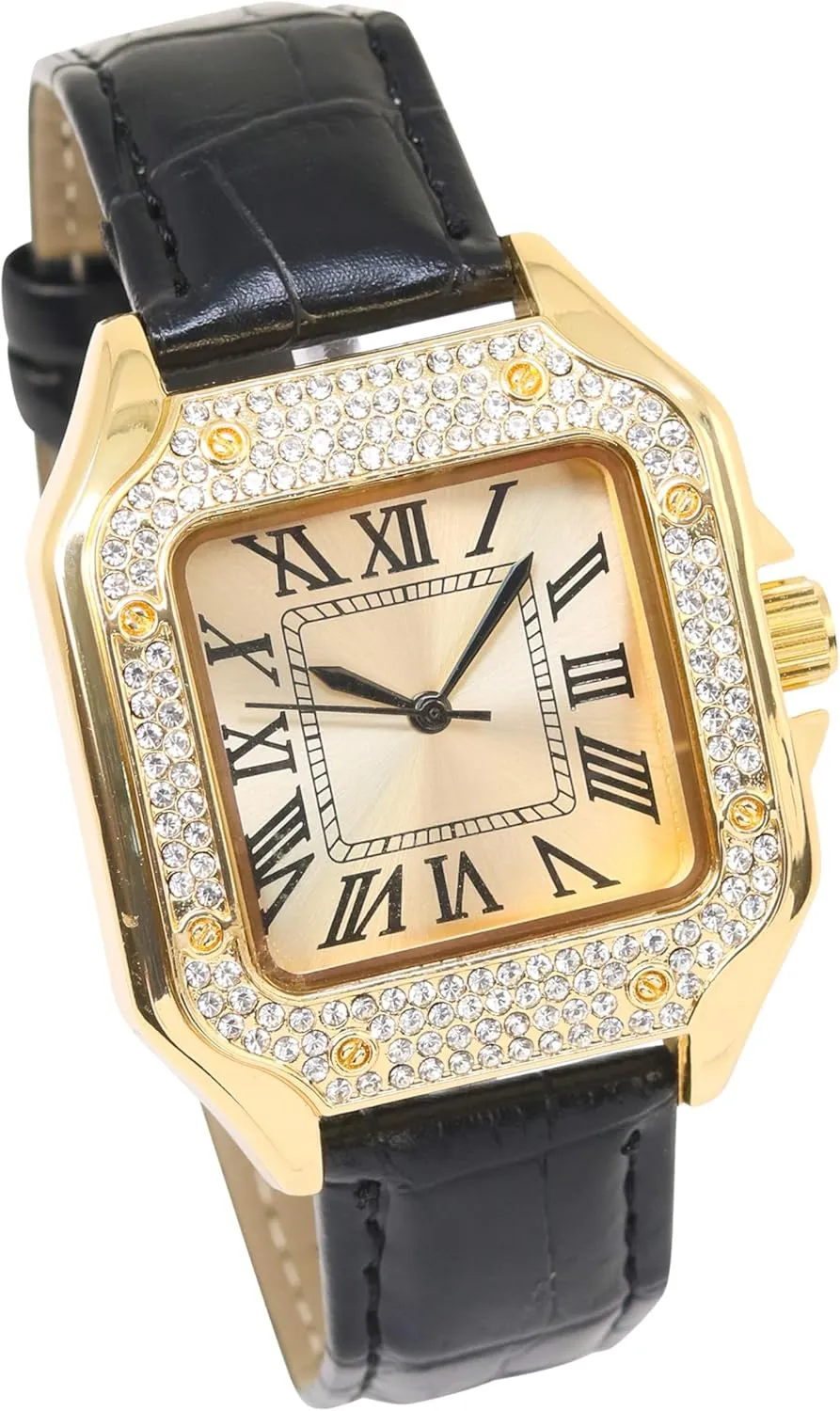 Techno Pave Men's 32mm Iced Out Leather Band Watch – Square Shape, Sleek Roman Dial, Luxury Hip-Hop Style