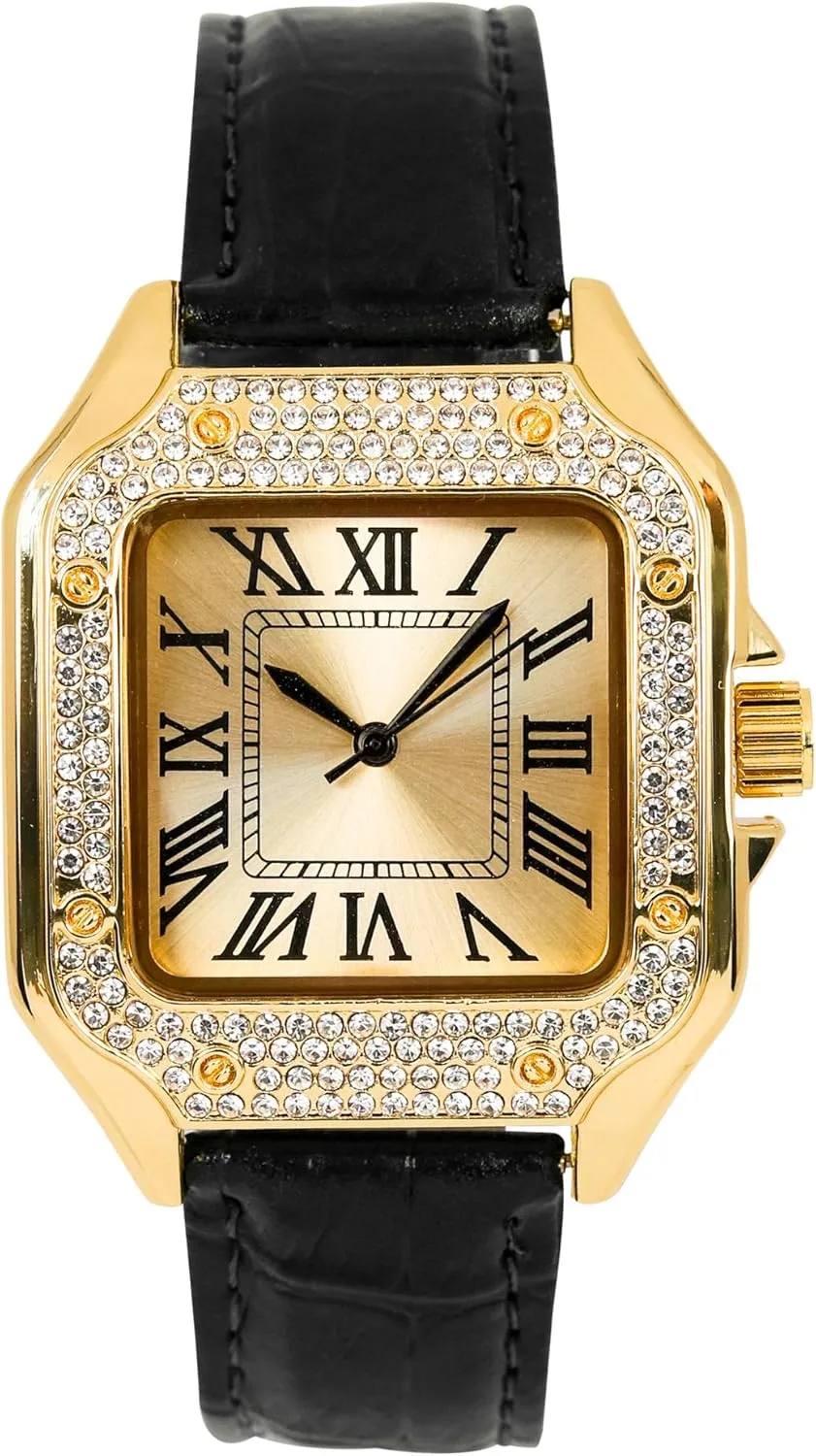 Techno Pave Men's 32mm Iced Out Leather Band Watch – Square Shape, Sleek Roman Dial, Luxury Hip-Hop Style