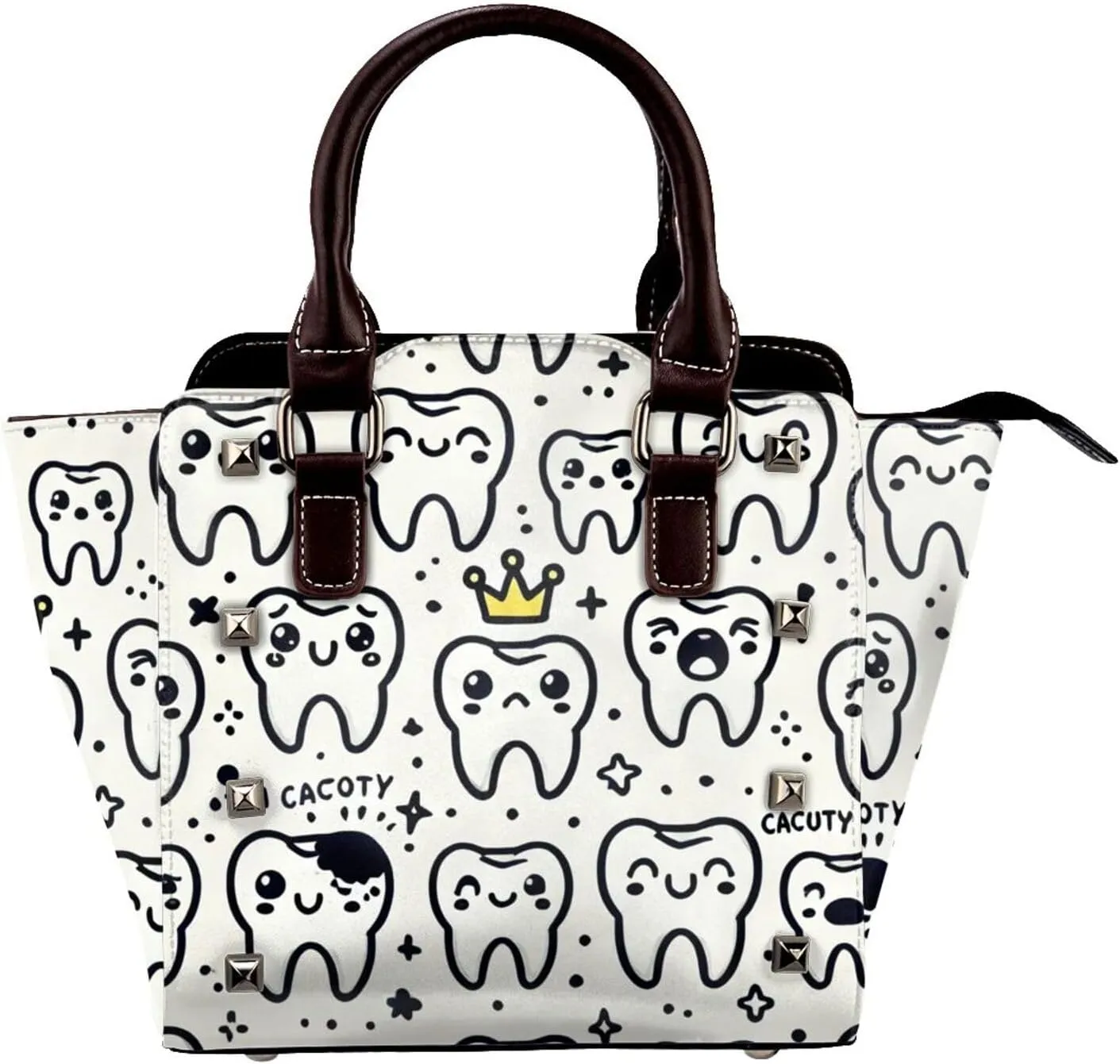 Teeth-Expressions-Crowns Pu Leather Crossbody Studded Bag, Fashionable Shoulder Handbag With Detachable Shoulder Strap