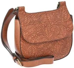 The Pi.oneer Woman Tooled Faux Leather Saddle Bag with Adjustable Crossbody Strap – Cognac – Women’s Western-Inspired Handbag