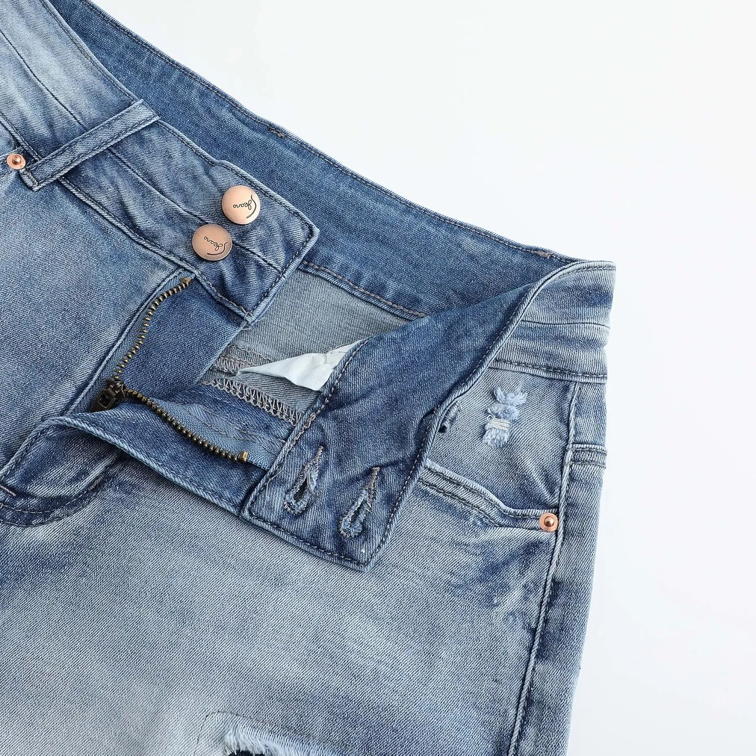 THUNDER STAR Women Mid Rise Ripped Stretchy Jeans Shorts Frayed Raw Hem Casual Denim Shorts