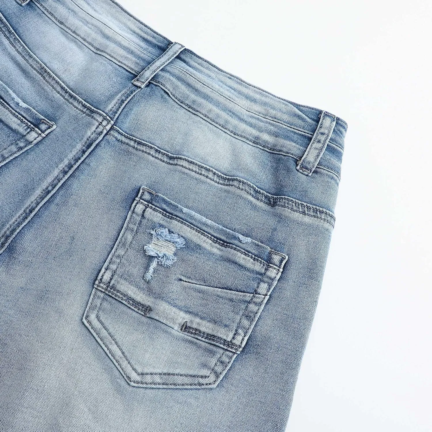 THUNDER STAR Women Mid Rise Ripped Stretchy Jeans Shorts Frayed Raw Hem Casual Denim Shorts