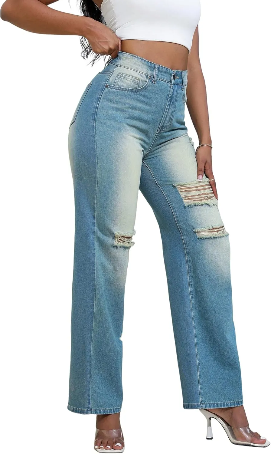 THUNDER STAR Womens High Waisted Wide Leg Jeans Stretchy Distressed Denim Pants
