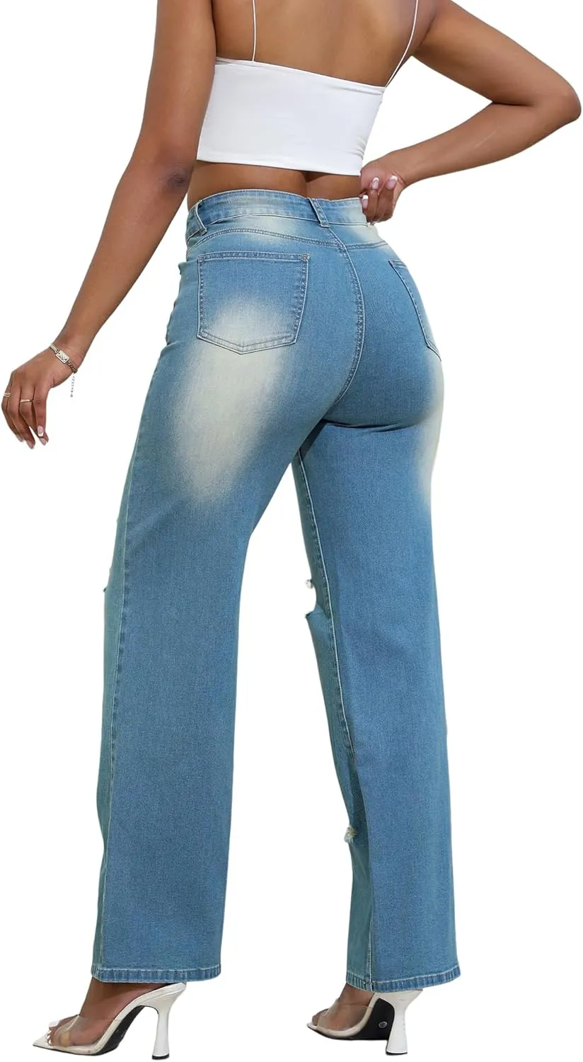 THUNDER STAR Womens High Waisted Wide Leg Jeans Stretchy Distressed Denim Pants