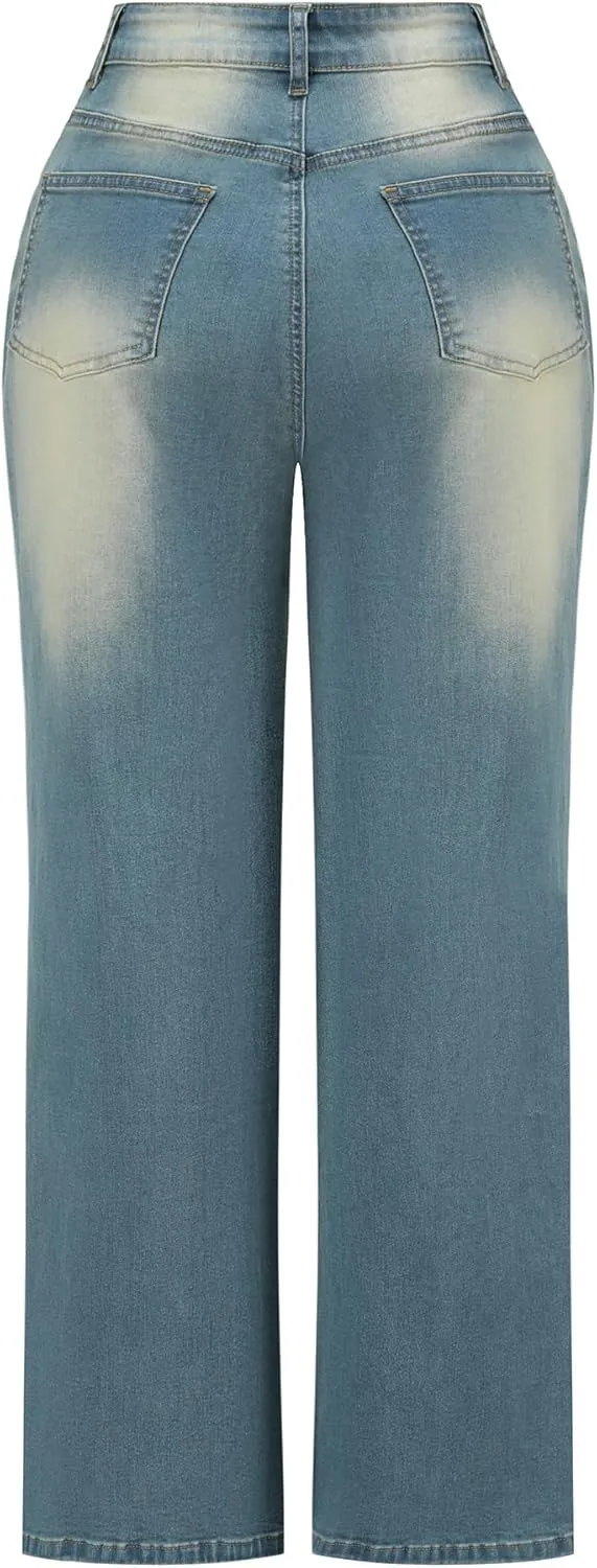 THUNDER STAR Womens High Waisted Wide Leg Jeans Stretchy Distressed Denim Pants
